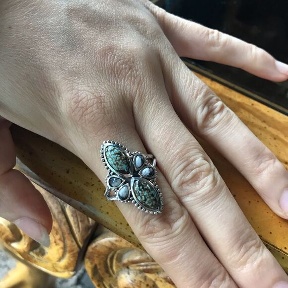 Natural White Buffalo Royston Blue Horizon Turquoise Sterling Silver Ring Size 9 - Picture 2 of 9